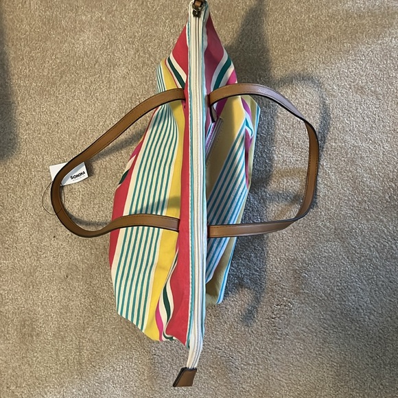 NWT Sonoma Multi Stripe Cotton Zip Faux Leather Tote - Picture 7 of 14